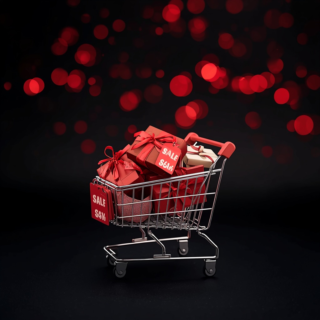 A shopping cart filled with gift boxes and sale tags on a dark background with red bokeh lights